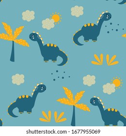 Childish seamless pattern with blue dinosaurs and palm trees on a blue background. Hand drawn children's pattern for fashion clothes, shirt, fabric. Baby Vector Illustration. Dinosaur pattern vector.