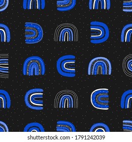 Childish seamless pattern with blue rainbows on a black background. Creative vector background for fabric, textile, nursery wallpaper. 