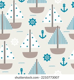 Childish seamless pattern with boat. Cute vector childish background for fabric, textile, nursery wallpaper. Vector Illustration. White background.