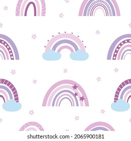 Childish seamless pattern with boho style rainbows, stars and clouds. Pastel colors. Vector illustration.