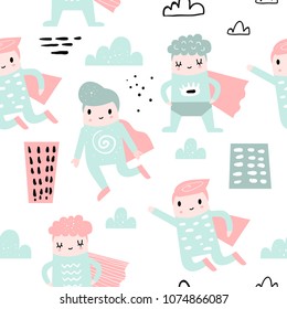 Childish Seamless Pattern with Boy Super Hero. Children Background with Brave Baby Boys for Fabric, Print, Wrapping, Wallpaper. Vector illustration