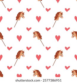 childish seamless pattern of brown horse on stick and red hearts on white background