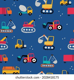 Childish seamless pattern with building equipment. Creative kids texture for fabric, wrapping, textile, wallpaper, apparel. Vector hand drawn illustration. Dark blue background.