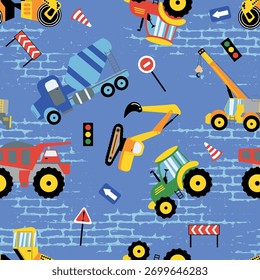 Patrón sin fisuras infantil con textura creativa de los niños del equipo de construcción para la tela textil
