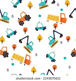 Childish seamless pattern with building equipment.Tractors, excavators, dump trucks, police cars Creative kids texture for fabric, wrapping, textile, wallpaper, apparel. Vector flat illustration 