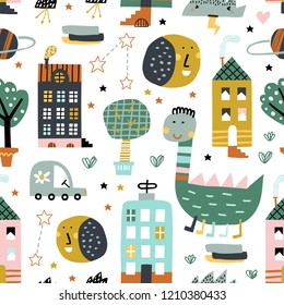 Childish seamless pattern with buildings, car, doodle elements. Good for kids fabric, textile, nursery wallpaper. Seamless city landscape. Scandinavian style