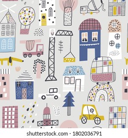 Childish seamless pattern with buildings, cars and trees. Creative vector background for fabric, textile, nursery wallpaper. Grey background.