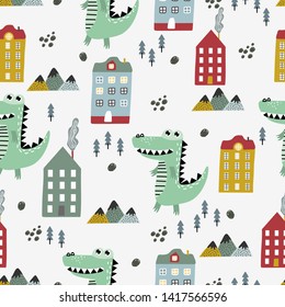 Childish seamless pattern with buildings, mountains and crocodile. Scandinavian style. Childish background for fabric, textile, wallpaper.