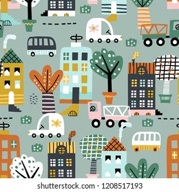 Diseño infantil sin fisuras con edificios, carreteras, transportes, árboles abstractos. Bueno para los niños tela, textil, papel tapiz de vivero. Paisaje urbano sin problemas. Estilo escandinavo