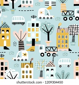 Childish seamless pattern with buildings, road, transport, abstract trees. Good for kids fabric, textile, nursery wallpaper. Seamless city landscape. Scandinavian style