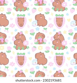 Childish seamless pattern with capybaras, strawberries, flowers. Cute background for textile design, cover, wrapping paper.