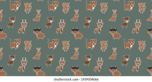 Childish seamless pattern of cartoon baby bongo antelopes, African buffalos, spider monkeys, South American noses, okapis, and bush hares on a gray background. Vector.
