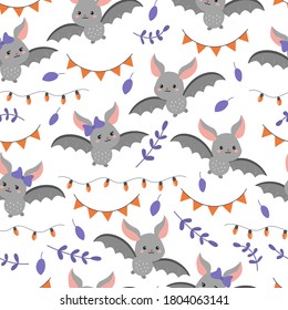 Childish seamless pattern with cartoon bats. Vector Halloween illustration. Garlands and flags for party.
