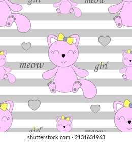 childish seamless pattern with cartoon cats on gray stripes.