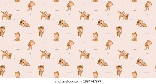 Childish seamless pattern of cartoon characters tiger cubs in yoga asanas and calligraphic quotes "Namaste", "Be in balance", "OM" on a beige background. Feline wellness. Vector.