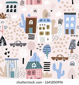 Childish seamless pattern with cartoon city life design. Trendy kids vector background. Perfect for kids apparel, fabric, textile