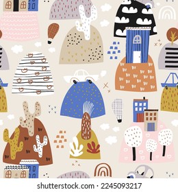 Childish seamless pattern with cartoon city on hills. Trendy kids vector background. Perfect for kids apparel, fabric, textile