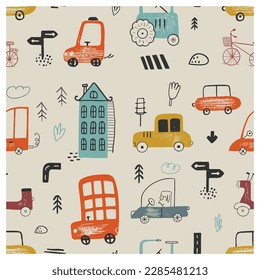 Childish seamless pattern with cartoon city life design. Hand drawn vector illustration.