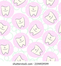 Childish seamless pattern with cartoon clean teeth and bubbles, dental care vector illustration