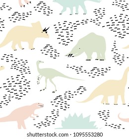 Childish seamless pattern with cartoon dinosaurs. For textile, party, banners, and children room decoration.