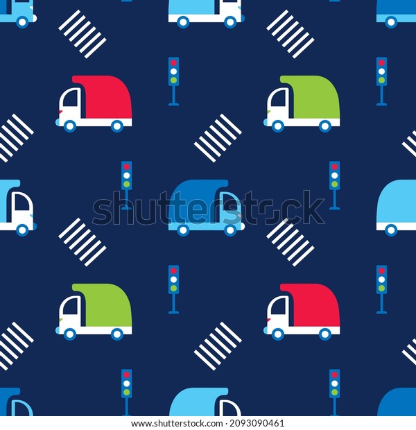 Childish seamless pattern with cartoon dump\
trucks. Bright red, light blue, green lorry on dark blue background\
for wallpaper nursery. Cute cars print for boys. Stylized landscape\
with traffic lights.
