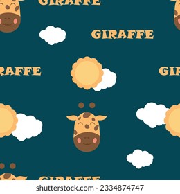 Childish seamless pattern with cartoon giraffe, sun and clouds. For printing on children's clothing, textiles