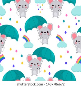 Childish seamless pattern. Cartoon kawaii mouse with umbrella. Rainbow and cloud. Colorful rain. Vector illustration for kids.