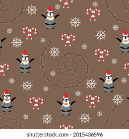 Childish seamless pattern with cartoon penguins, colorful  garlands, white snowflakes and candy canes on brown background. Eps 10. 