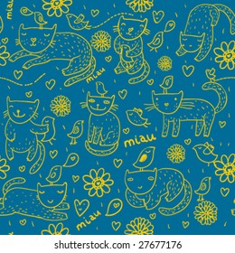 Childish seamless pattern with cartoon pets on it