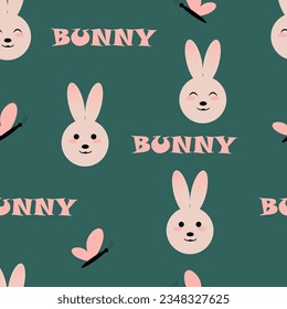 Childish seamless pattern with cartoon rabbit and butterfly