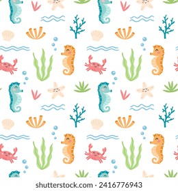 Childish seamless pattern with cartoon seahorse, crab, starfish character on a white background. Cute sea animals and underwater life design for fabric, textile, paper.