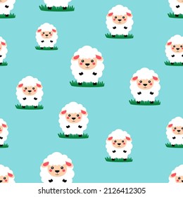 childish seamless pattern with cartoon sheep on blue background, easter vector illustration with cute white animal