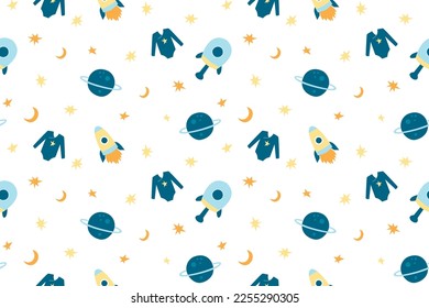 Childish seamless pattern with cartoon space rockets, planets, stars, moon on white background. Trendy children's vector Space wallpaper. Cosmic print for baby apparel, fabric, textile
