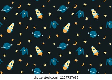 Patrón infantil sin fisuras con cohetes espaciales de dibujos animados, planetas, estrellas, luna sobre fondo blanco. Papel de pared vectorial infantil de moda Space. Impresión cósmica para prendas de vestir, tejidos, textiles