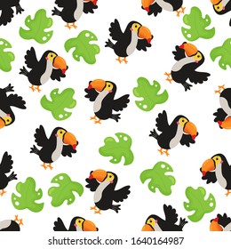 Childish seamless pattern with cartoon toucan. Tropical bird. Monstera plant leaves. Jungle vector animals.