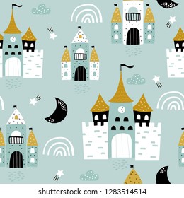 Childish seamless pattern with castle, towers, rainbows in scandinavian style. Creative vector childish background for fabric, textile