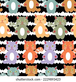 Childish seamless pattern with cat faces on striped background. Modern print for T-shirt, textile, fabric, paper. Hand drawn vector illustration for decor and design.

