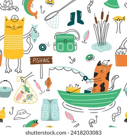 Childish seamless pattern with a cat fishing. Vector background with fisherman, fishing rod, boat, net and fish. 