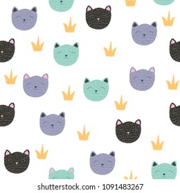 Childish seamless pattern with cat princess. Vector hand drawn illustration.
