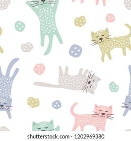 Childish seamless pattern with cats. Creative texture for fabric, textile.
