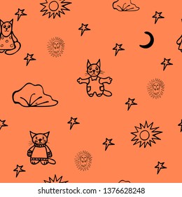 Childish seamless pattern in chen-white color. Funny kittens. Suitable for wallpaper on the wall, textiles, covers, packaging