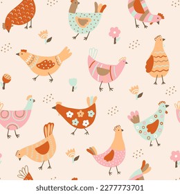 Childish seamless pattern with chicken and flowers. Easter background. Vector illustration. It can be used for wallpaper, wrapping, apparel.