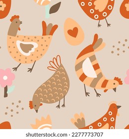 Childish seamless pattern with chicken, flowers and eggs. Easter background. Vector illustration. It can be used for wallpaper, wrapping, apparel.
