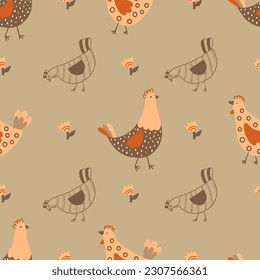 Childish seamless pattern with chicken and flowers. Easter background. Vector illustration. It can be used for wallpaper, wrapping, apparel.