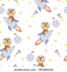 Childish seamless pattern with chipmunk on rocket. Space theme. Cute cartoon animal character. Hand drawn stars and moon. Vector illustration.