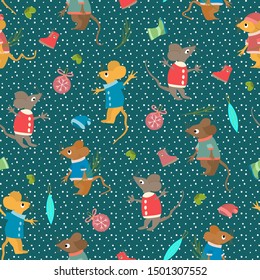 Childish seamless pattern with christmas elements. Background for the new year with a mouse, rat,  Christmas tree, Xmas balls, winter boot and hat. Vector illustration with new year celebration Icons