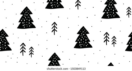 Childish seamless pattern and christmas forest pine trees   polka dots  Trendy scandinavian holiday vector background  Perfect for kids apparel  fabric  textile  nursery decoration  Kids pattern