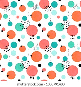 Childish Seamless Pattern of Circles in Watercolor Style and Black Dots