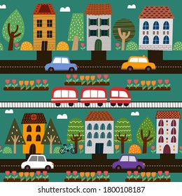 Childish seamless pattern with cityscape with cars. Cute illustrations for children's room design, postcards, prints for clothes. Vector illustration.