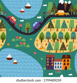 Childish seamless pattern with cityscape. Сity landscape with mountains, river, forest, buildings, plants and endless car road.